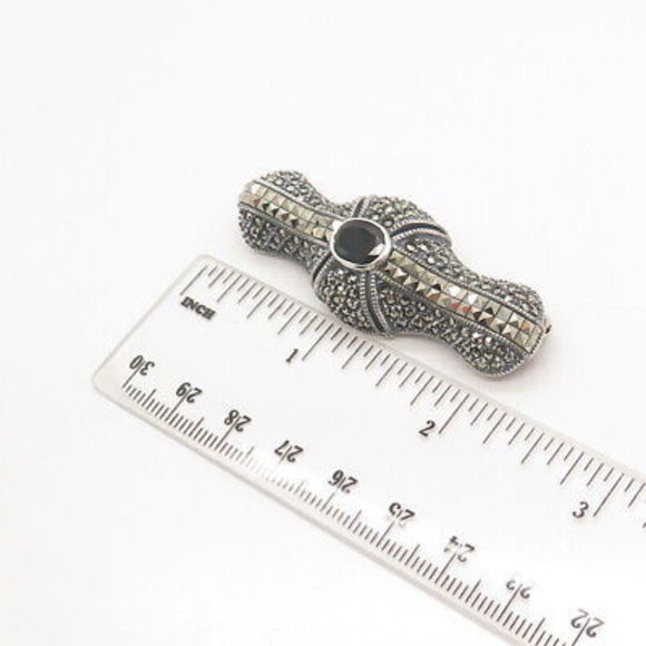 925 Sterling Silver Vintage Judith Jack Black Spinel & Marcasite Gem Pin Brooch - Picture 3 of 8